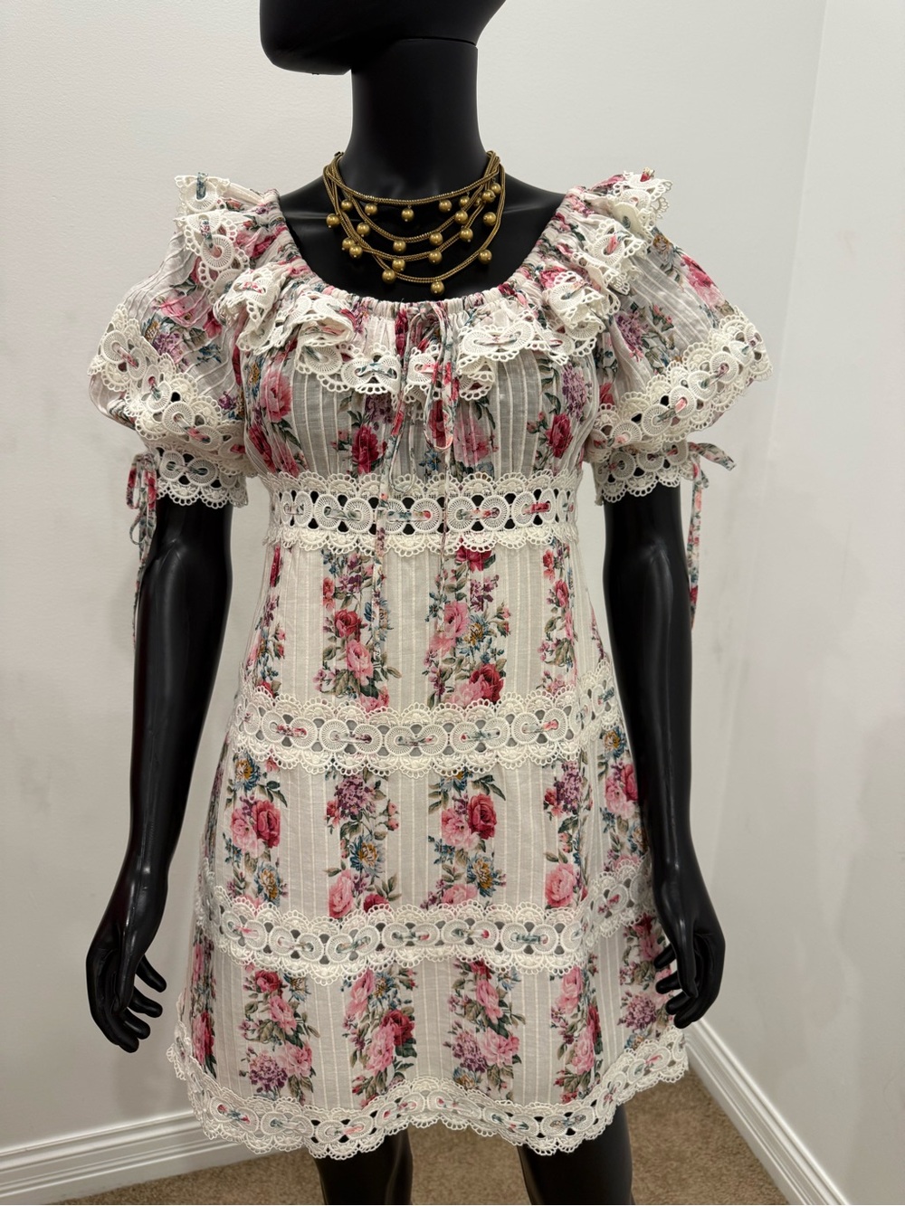 Zimmermann Floral Cotton Lace Puff Sleeve Mini Dress Size 2 NWOT